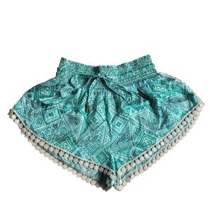 Paloma Blue Women Small 100% Silk Pull-On Tribal Aztec Teal Aqua Shorts